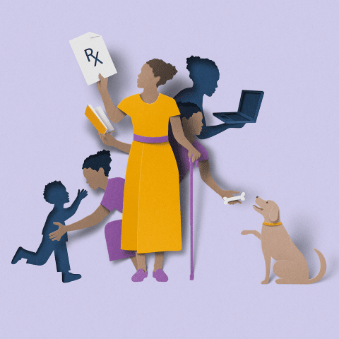 Artwork of an adult multitasking and managing her life with NMOSD